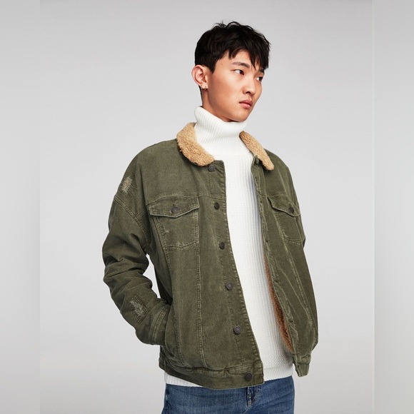 Zara Man Khaki Corduroy Sherpa Jacket Size Large Winter Or Fall Outerwear - Picture 3 of 12